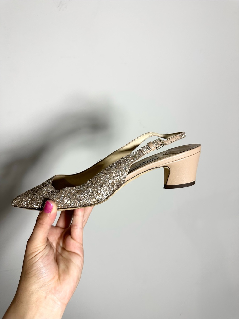 Jimmy Choo Champagne Glitter Pointed Toe Slingback Kitten Heels - Picture 4 of 7
